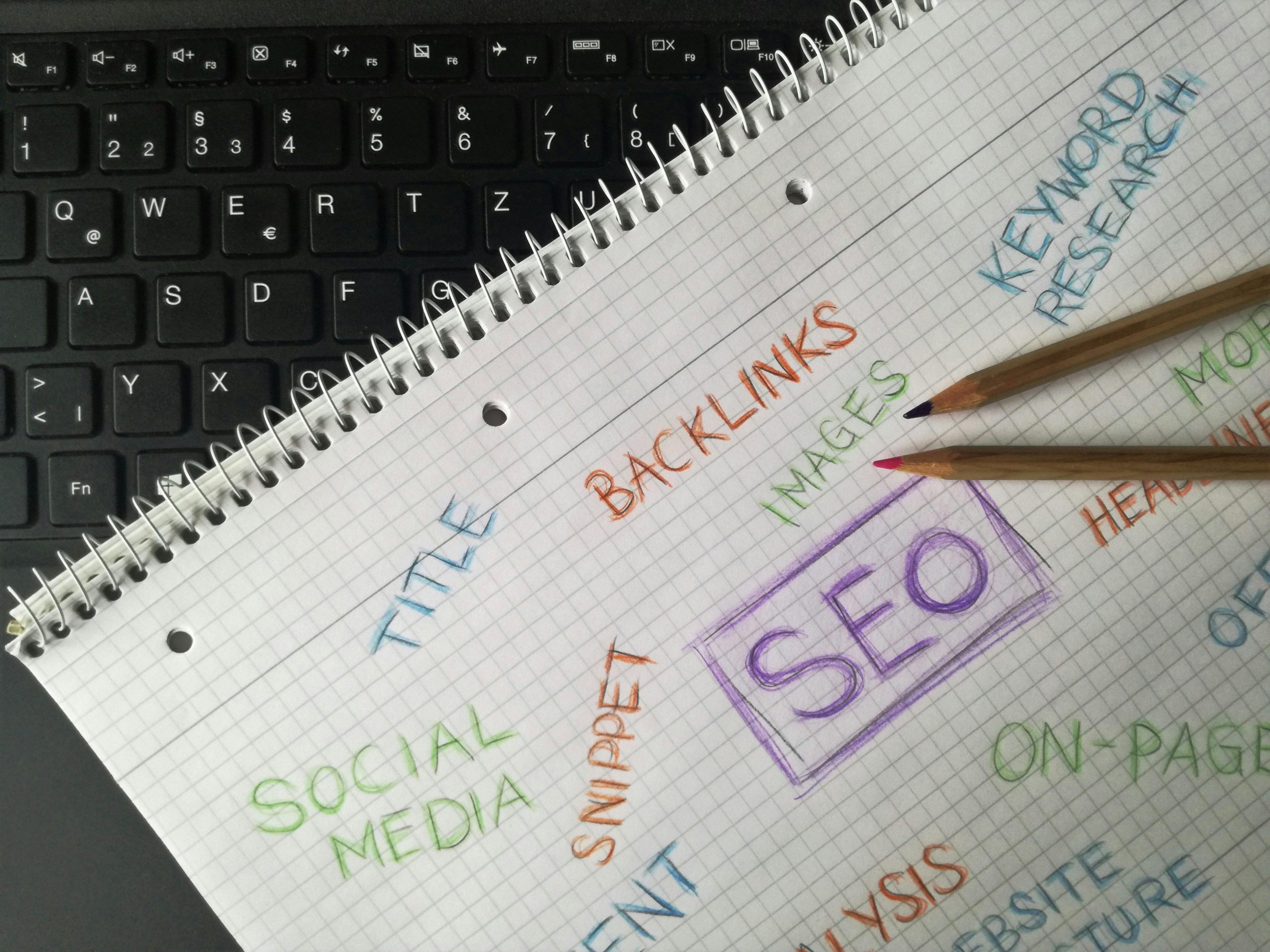 Close-up of notebook with SEO terms and keywords, highlighting digital marketing strategy.